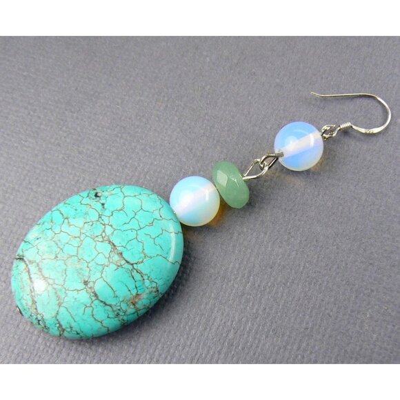 BIG Turquoise Emerald Opalite Silver Earrings - Picture 5 of 6